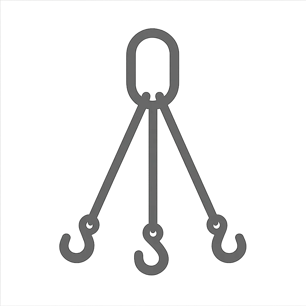 Black outline icon of three lifting hooks connected to a central metal ring, load lifting equipment symbol