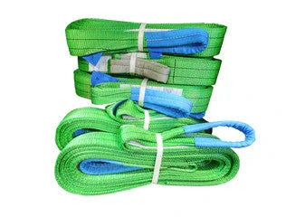 Green and blue heavy-duty lifting slings with reinforced loops, industrial-grade material for secure load handling