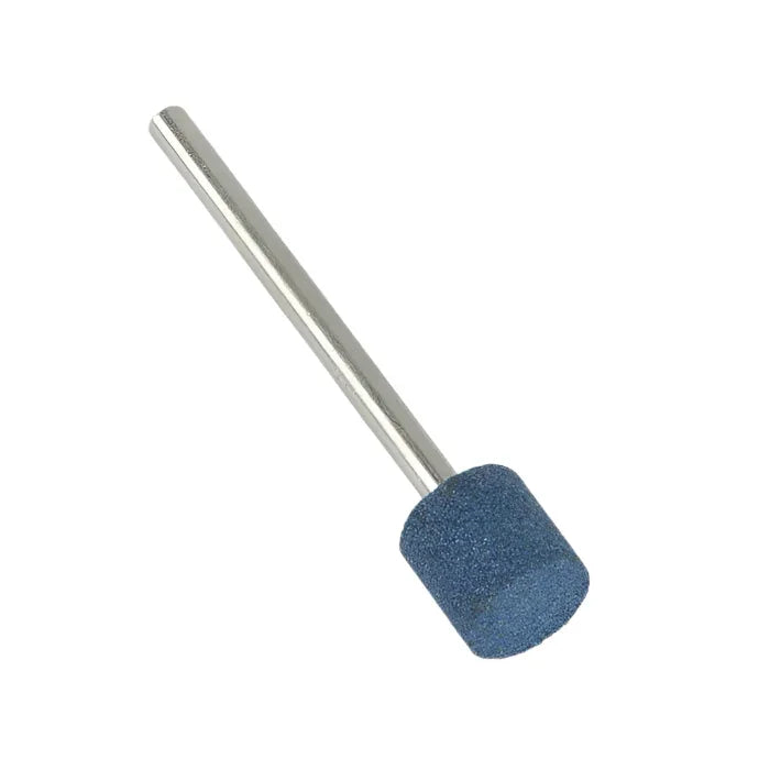 Blue cylindrical grinding stone mounted on metal shaft for industrial machining