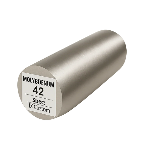 Cylindrical molybdenum metal rod with label showing 'MOLYBDENUM 42 Spec: IX Custom' on metallic gradient background