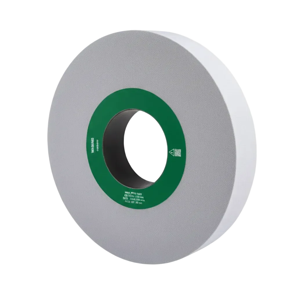 Gray cylindrical grinding wheel with green center ring for metal processing