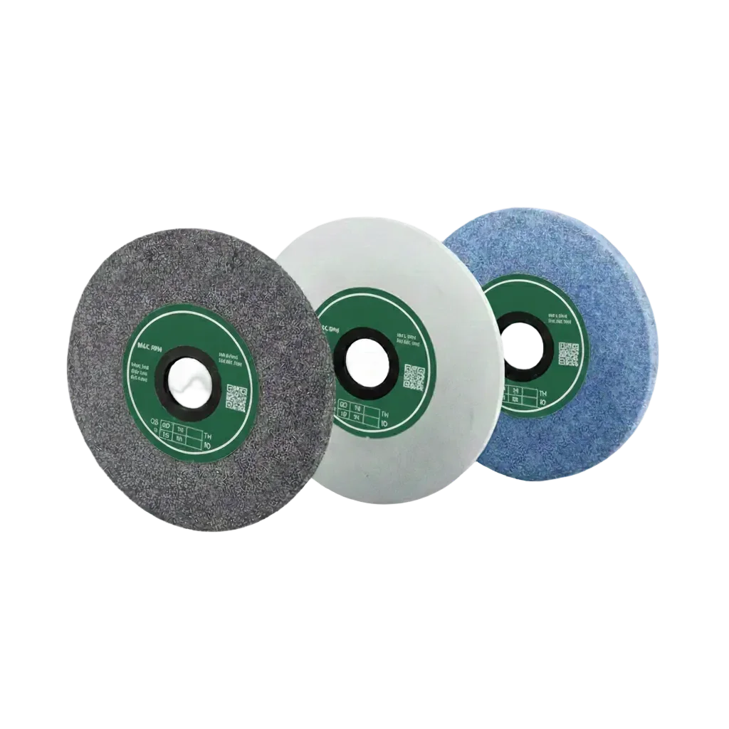 Set of three surface grinding wheels in gray, white, and blue with green labels for metalworking and machining