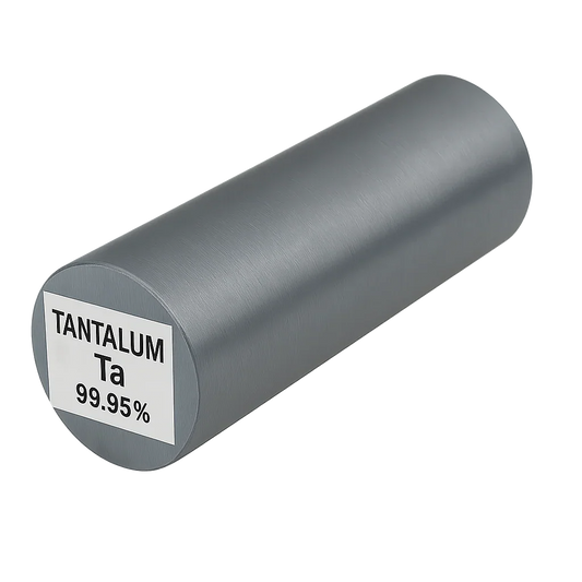 Cylindrical metal ingot labeled Tantalum Ta 99.95% pure, polished surface on dark gradient background