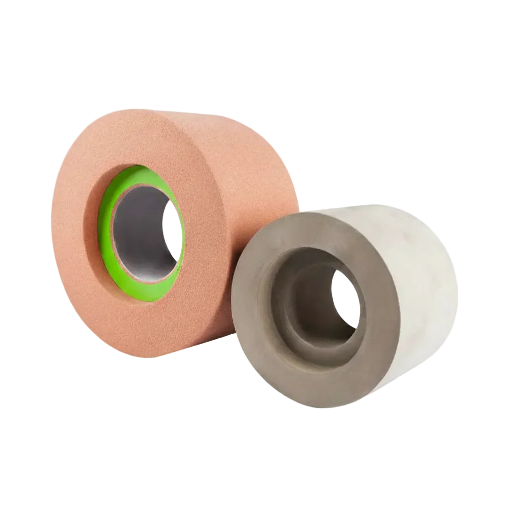 Two rolls of tape, one pink with green center and one beige, on a white background.