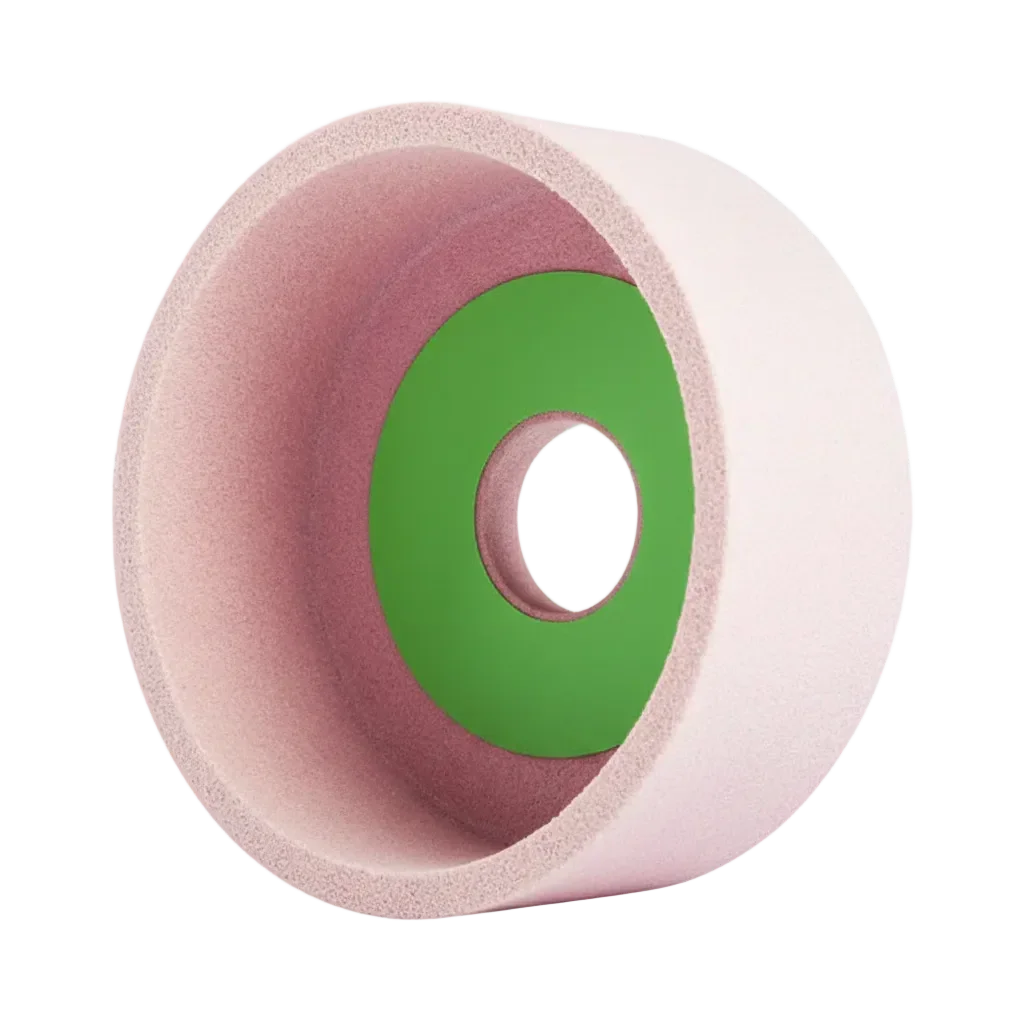 Round sanding disc with pink exterior and green interior on a white background